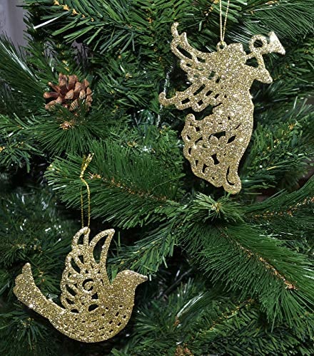 warenplus 4 Stück/2 Set künstliche Engel + künstliche Vögel, Christbaumschmuck Vogel, Aufhänger Deko, Gold,Tannenbaumschmuck Vogel,Engel