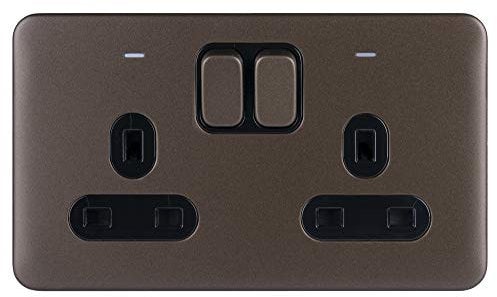 Schneider Electric Lisse Screwless Deco - Switched Double Power Socket, Double Pole, with Neon Indicator, 13A, GGBL3021DBMB, Mocha Bronze with Black Insert