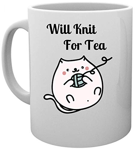 Will Knit for Tea Novelty Mug, Gift Idea, Funny Joke Present - Cute Cat Design with Ball of Yarn Knitting Mug