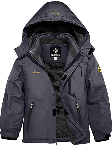GEMYSE Veste de Ski Enfant Garçon Blouson Hiver Chaud avec Capuche Imperméable Coupe-Vent et Doublure Polaire(01Gris Fer,140-146)