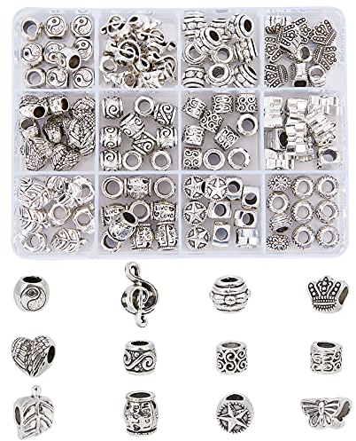 nbeads 120 Stück Legierung Europäische Perlen, 12 Stile Antike Tibetische Silber Spacer Beads Charm Großes Loch Ketten Perlen Für DIY Schmuckherstellung