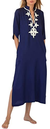 Bsubseach Casual Caftans für Damen V-Ausschnitt Stickerei Kaftan Kleider Cover Ups mit Tasche Navy