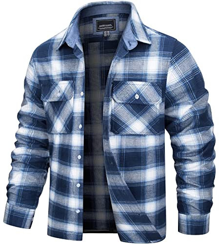 TACVASEN Mens Shirts Long Sleeve Cotton Casual Shirt Regular Fit Flannel Shirts Checked Button Down Shirts with Pockets Blue White,L