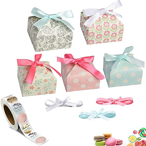 30 Stück 5 Farben Candy Geschenkboxen, Geschenkbox Klein aus Papier, Geschenkschachtel, Hochzeit Süßigkeiten Box, mit Band, für DIY Geschenk, Hochzeit, Party, Geburtstags, Gebäck, mit Aufklebern