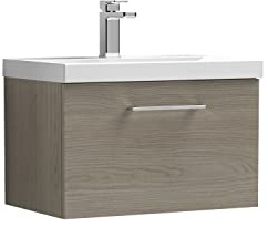 nuie ARN2522D Arno Modern Bathroom Wall Hung 1 Drawer Vanity Unit with Thin-Edge Ceramic Basin, 600mm, Woodgrain Solace Oak