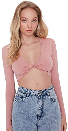 Trendyol Chemisier en Tricot à col Rond pour Femme Chemise, Vieux Rose