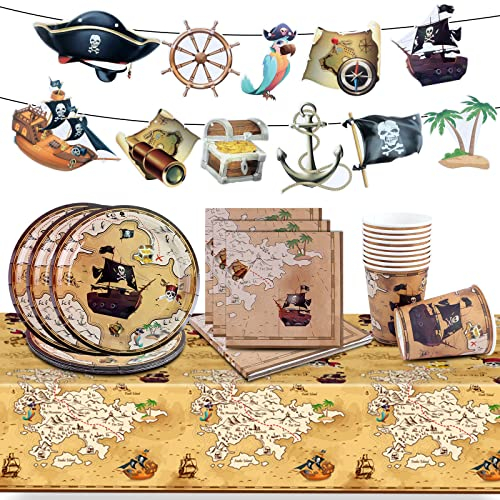 Vaisselle Pirate pour Fête D'anniversaire - Ensemble de Décoration avec Nappe, Assiette, Tasse, Serviette en Papier - Fournitures pour Garçon