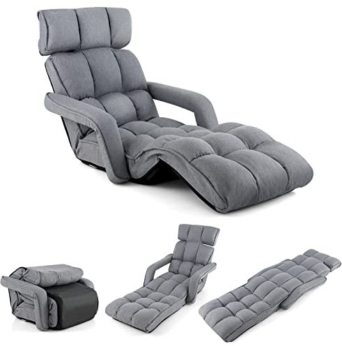 COSTWAY Fauteuil Convertible 1 Place Adulte avec Appui-tête Dossier Réglable 6 Positions 16°-107°, Chauffeuse Convertible avec Repose-Pieds à 8 Réglages, 196 x 72 x 19,5 cm