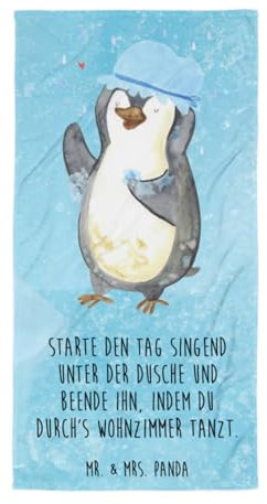 Mr. & Mrs. Panda XL Badehandtuch Pinguin Duschen - Geschenk, Dusche, Saunahandtuch, Kinderhandtuch, Tanzen, Duschkonzert, Urlaub, Baumwoll Handtuch, Badetuch, Groß, Lebensmotto, Singen, Baden