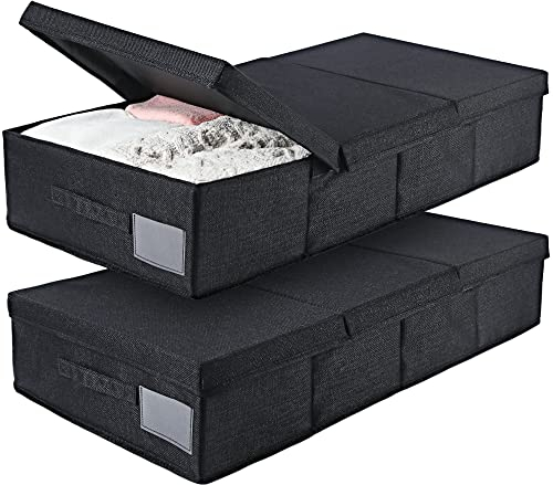ohihuw 2 Pack Large Underbed Storage Bins With Lids, Foldable & Stackable Storage Drawer Organizer, Upgraded Cotton & Linen Material (Black)