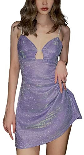 Caziffer Mini Abito Glitterato da Donna Sexy Paillettes Senza Maniche Spaghetti Strap Backless Skinny Sling Dress Cutout Party Bodycon Dresses (Viola, S)