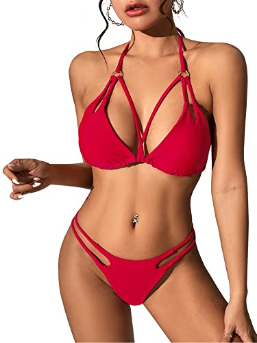 PONCEAU Damen Bikini Set Sexy String Tanga Bikini Neckholder Triangle Zweiteiliger Badeanzug Kreuz vorne High Waist Bademode Bikinioberteil Strandmode