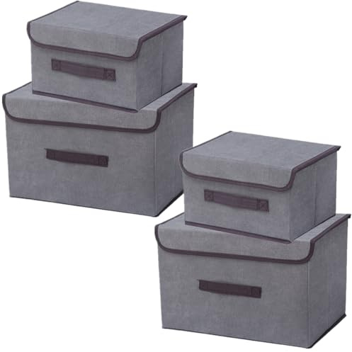 NCRGB 4 Stück Stoff Faltbare Aufbewahrungsboxen mit Deckel(36cm/2 Pack+26cm/2 Pack) Stoffaufbewahrungsbehälter mit Deckel,Kleiderschrank Organizer für Kleideraufbewahrung,Raumorganisation-Grau