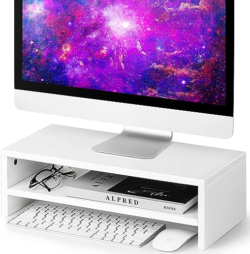 BEYGORM Monitorständer, weiß, 2 Etagen, Holz, Schreibtischregal, Computer-Bildschirmständer mit Aufbewahrung für Desktop-Laptop/Bildschirm/TV/PC/Drucker, multifunktionaler Desktop-Organizer