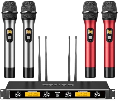 TONOR Wireless Microphone System, Quad Channel UHF Wireless Mic, Adjustable Frequency Metal Cordless Dynamic Handheld Mic, 4x5 Channels Auto Scan Ideal for Karaoke Singing Wedding Church, Silver&Red