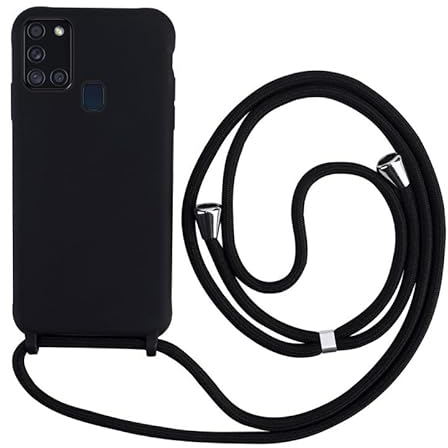 Keteen Handykette hülle für Samsung Galaxy A21s Handyhülle mit Band Slim Silikon A21s hülle mit Abnehmbar Kordel Stossfest Bumper Cover zum Umhängen Necklace Handyhülle für Samsung A21s-Schwarz