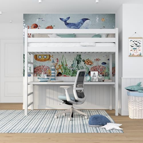N-wood N01 Hochbett mit Schreibtisch Holz 100x200 cm, Etagenbett mit Leiter, 2 Leitermontageseiten: Links oder rechts, sichere abgerundete Kanten, Stabile Massivholzkonstruktion, Weiß