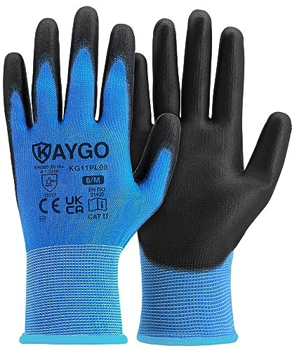 KAYGO Work Gloves PU Coated-12 Pairs, KG11PL, Safety Working Gloves with Secure Grip on Palm & Fingers, for Men and Women, Ideal for General Purpose Light Duty Work, Gardening (Medium, Blue)