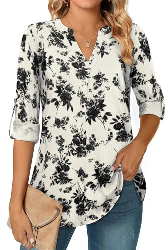 Amrto Bluse Beige Damen Elegant Tunika Langarm Oberteil Elegante Blusen Hemdbluse Shirt 3/4 Arm Basic Langarmshirt Long V Ausschnitt, XL