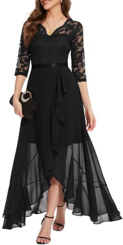 Bbonlinedress Vestidos de Ceremonia Vestido de Noche Cóctel Elegant para Mujer Vestido de Fiesta A-línea Top Falda de Encaje Columpio de Gasa para Boda de Bola Manga 3/4 Cuello en V Black XL