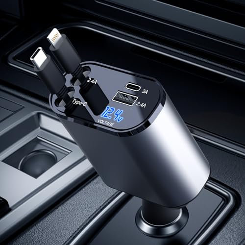 AmazeFan Retrattile Caricabatterie Auto - 60W Caricatore Auto Cavi di Ricarica Veloce, Caricabatterie da Auto con iPhone e Cavo di Tipo C, Compatibile con iPhone/Galaxy/Google/Huawei/Tablet