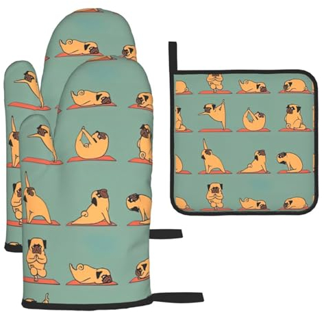 Guanti da forno con stampa carlino, set da 3 pezzi, guanti isolanti resistenti al calore, per cucina, cucina, cottura al forno, grigliate