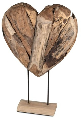 formano Deko Objekt Herz Holz Skulptur aus massivem Teakholz 75 cm auf Standfuß, modernes Wohnaccessoire mit Herzform für Sideboard, Regal & Büro