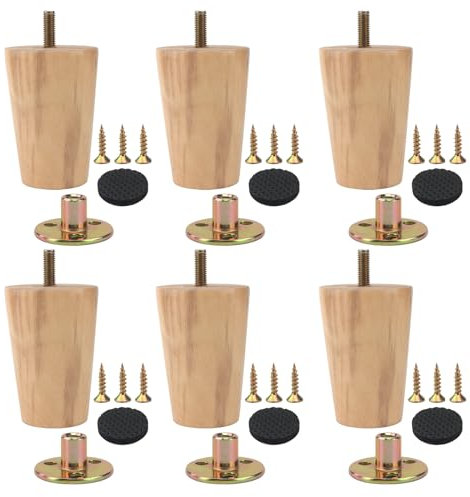 JIEHIN Lot de 6 pieds de meubles ronds en bois de 8 cm avec plaques de montage en caoutchouc et vis pour meubles, canapé, lit, armoire, canapé