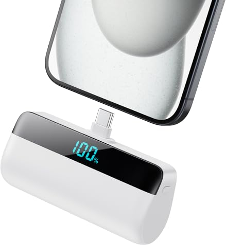 Feob Mini Power Bank para iPhone 16/15 Serie, 5200mAh USB C Cargador Portátil Ultra Compacto Batería Externa Powerbank con Pantalla Digital Compatible con iPhone 16/15 Samsung iPad Pro/Air etc -Blanco