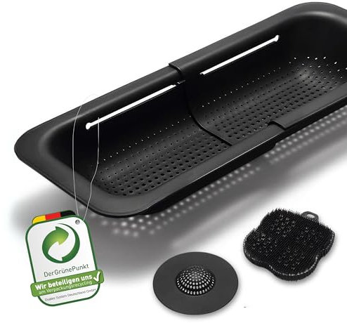 Black Sweden Home Escurridor Fregadero Extensible y Montable - Colador Negro con Esponja de Silicona y Colador de Fregadero - Set 3 Piezas - Escurridor para Cocina y Utensilios de Cocina