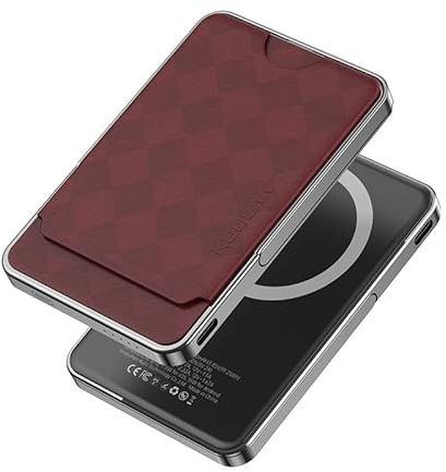 Anyzoo Magnetische Powerbank, Kompatibel mit Magsafe Powerbank 5000mAh, 20W Schnellladung Wireless Power Bank mit Kartenfach aus Leder für iPhone 16/15/14/13/12/Pro/Plus/Pro Max Series