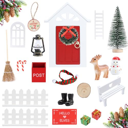 Wichteltür Set 25 Stück Wichteltür Zubehör Weihnachten Elfentür, Wichteltür Komplettset mit Holz Wichtel Tür, Leiter, Stiefel, Kranz, Briefkasten, Zaun, Wichtel Zubehör für DIY Kinder Geschenke