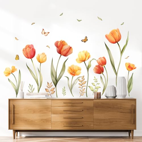 Tanlaby Tulpen Blumen Wandaufkleber Blume Gras Pflanzen Schmetterling Wandsticker Herbst zum Abziehen und Aufkleben Kunstdekor für Wohnzimmer Schlafzimmer Büros Badezimmer Wanddekoration