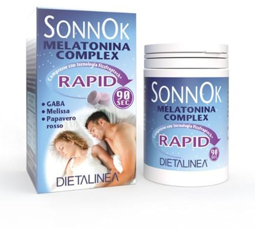 Sonnok Melatonina Complex RAPID 90 secondi | Tecnologia Fizzfraptech brevettata | Melatonina per dormire meglio | Pastiglie per dormire Papavero Rosso | 60 Compresse Dietalinea