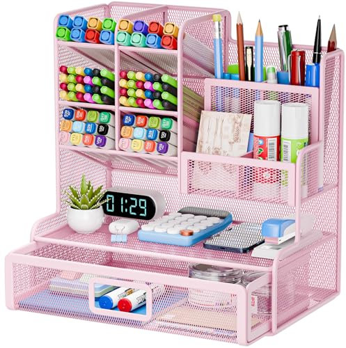 Restorgan Netz Schreibtisch Organizer,12 Fächer Mesh Stifthalter mit Schublade, Stiftehalter, Stiftebox, Multifunktionaler Schreibtisch Organizer für Heimbürobedarf(Rosa)