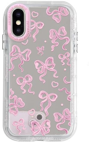 NITITOP Compatible with iPhone X/XS Case Cute Mirror Bow Love Heart Pattern for Women Girls Ribbon Design Shockproof Silver Protective Phone Cover - Pink Bow