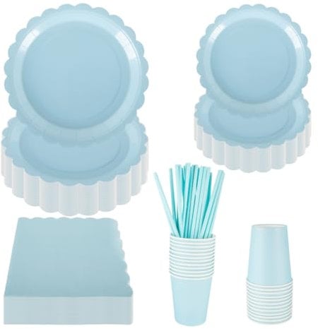 Juego de vajilla azul para fiesta, 125 platos y servilletas de papel azul bebé, juego de vajilla desechable para 25 invitados, decoraciones de fiesta azul bebé para decoración de mesa