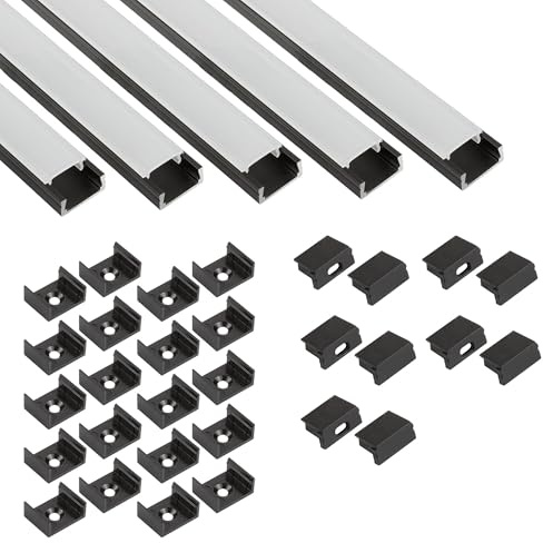 5x A15 LED Profil 2m - Schwarz + Abdeckung milky, Halter & Endkappen