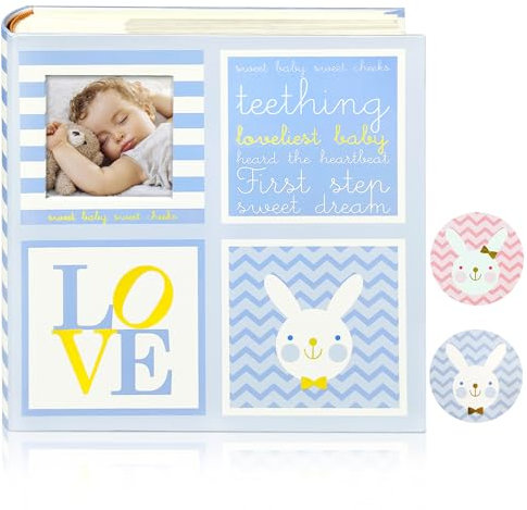Kuword Fotoalbum Baby fotoalbum zum einstecken 10x15 200 Fotos100 seiten mit Schreibfeld,Kinderalbum für Neugeborene Geschenk Blau 22 x 22 cm