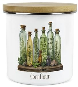 Purely Home Cornflour Storage Canister - Green Herb Oils 1.2L Enamel Food/Ingredients Storage Container - Mystical Apothecary Kitchen Gifts