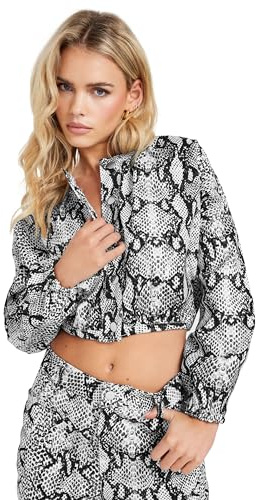 PixieGirl Petite Grey Snake Print Denim Bomber Jacket Petite
