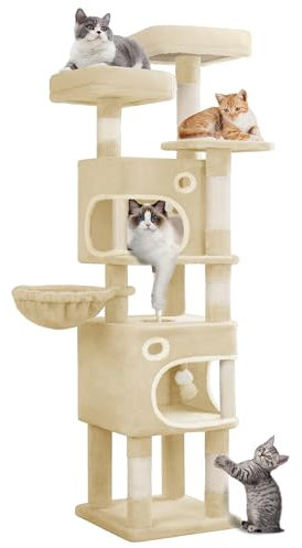 Hzuaneri Arbre à Chat Hauteur 159 cm, Tour de Jeux pour Chat avec 8 Griffoirs, 3 Plateformes, 2 Niches, Panier, Pompons, Convient Aux Chats de Toutes Tailles, Beige MS15918YL