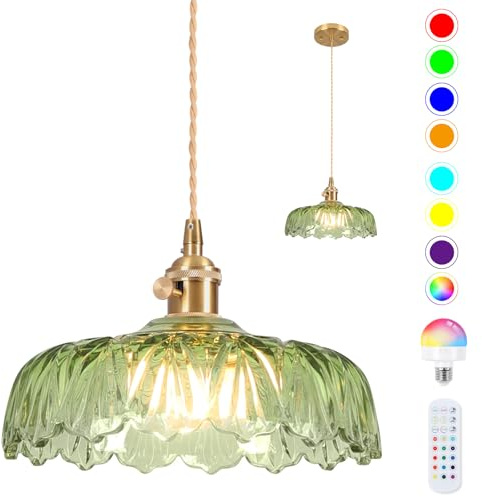 Retro Battery Operated Pendant Lights Fixtures With Green Glass Lampshade, Rechargeable RGB Bulb 2500mAh, Remote Control, Wireless Vintage Chandelier for Bedroom Kitchen Island Hallway - Green, 24cm