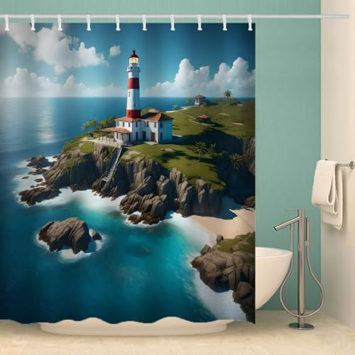RFFLUX 3D Leuchtturm Duschvorhang Anti Schimmel 240x200 cm mit 12 Ringe Polyester Ozean Maritim Duschvorhänge Anti-Bakteriell Waschbar Wasserdicht Badvorhänge für Badezimmer（Stil 21-16）