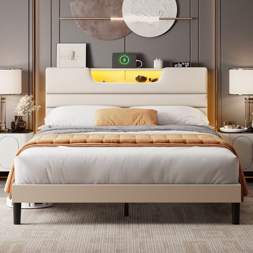 Queen Size Bed Frames with Upholstered Headboard Adjustable, Modern Platform Bed with Charging Station and Led Lights, Bed Frame with Sturdy Wooden Slats/No Box Spring Needed/2-Tier Storage, Beige
