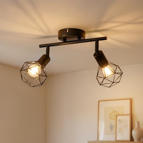 Gr4tec Kitchen Lights Ceiling 2 Way, Retro Black Spot Lights Ceiling E14, Adjustable Ceiling Light Fittings, Metal Wire Cage Wall Spotlights Indoor for Hallway Bedroom, Bulb Not Included