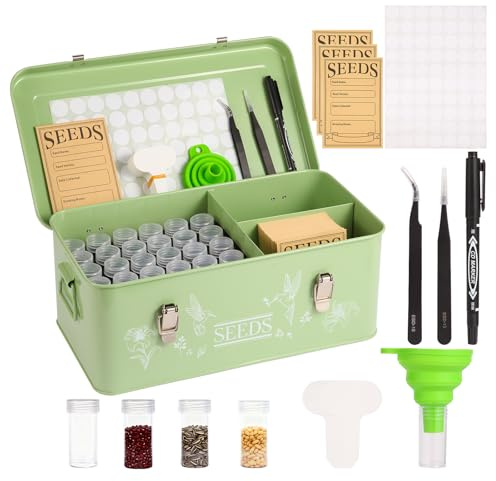 60 Slots Seed Box Storage Organizer with 3 Compartments,Large Metal Storage Garden Box with Lid&Safety Locks,50 Seed Labels Markers 60 Seed Envelopes,Professional Seed Trays Kit Gardening Gifts