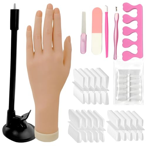 Practice Hand for Acrylic Nails Adjustable Silicone Nail Practice Hand with 340 PCS Clear False Nails Professional Training Model Tools for DIY Nail Art
