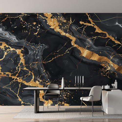 Black and Gold Marble Wallpaper - Modern Abstract Texture Wall Mural 375x250 cm (W x H), Non-Woven Photo Wallpaper Mural for Bedroom, Living Room, Hallway, Home Decor Y&W7