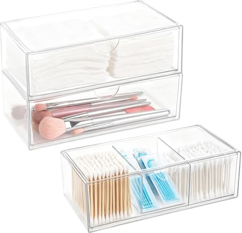 3 Pack Makeup Drawer Organiser, 3 Compartment Stackable Clear Organisers, Transparent Make Up Storage Drawers Boxes, Small Cosmetic Organizer Container for Mirror Cabinet, Dressing Table,Desk,Bathroom